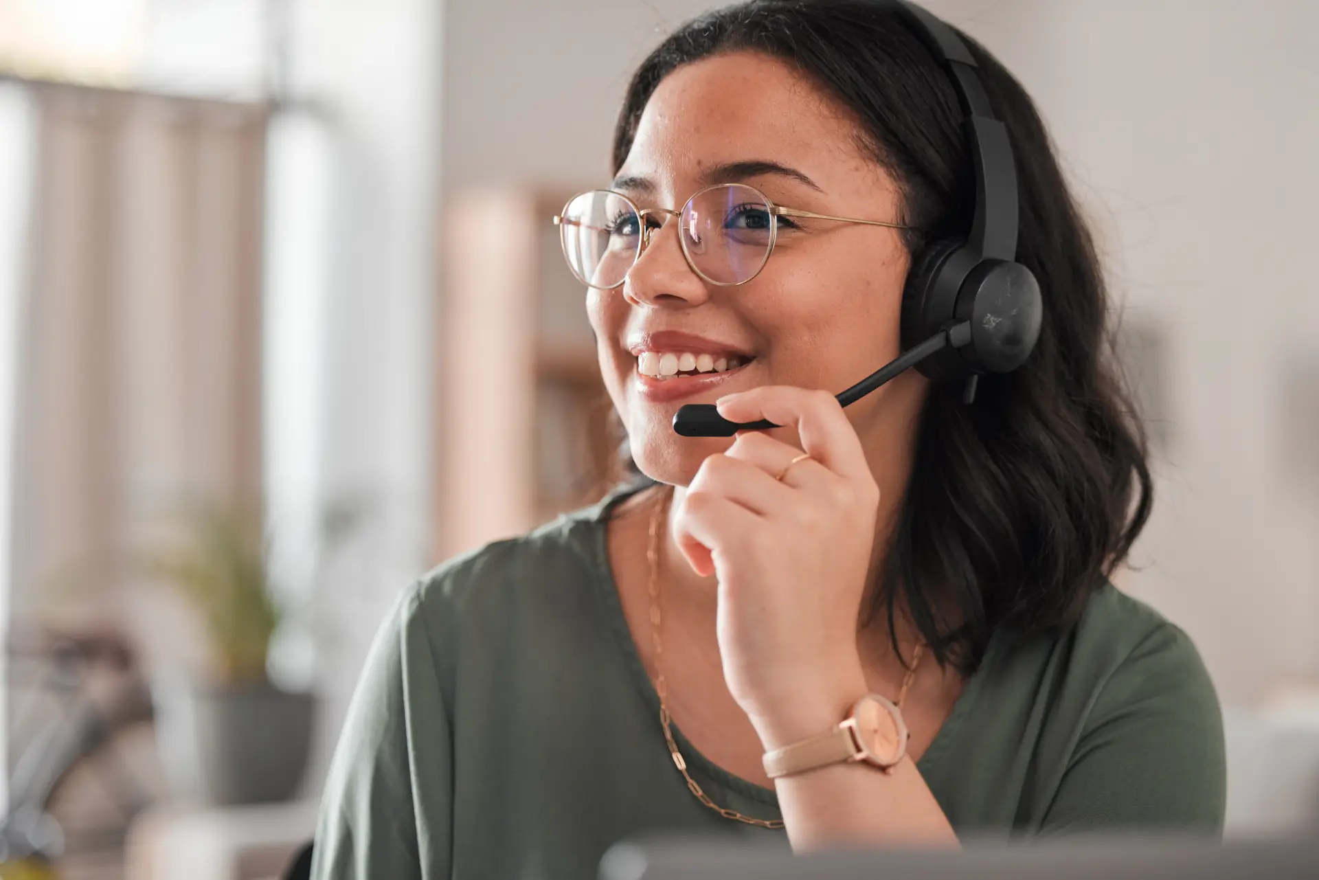 Call center home and woman consultant