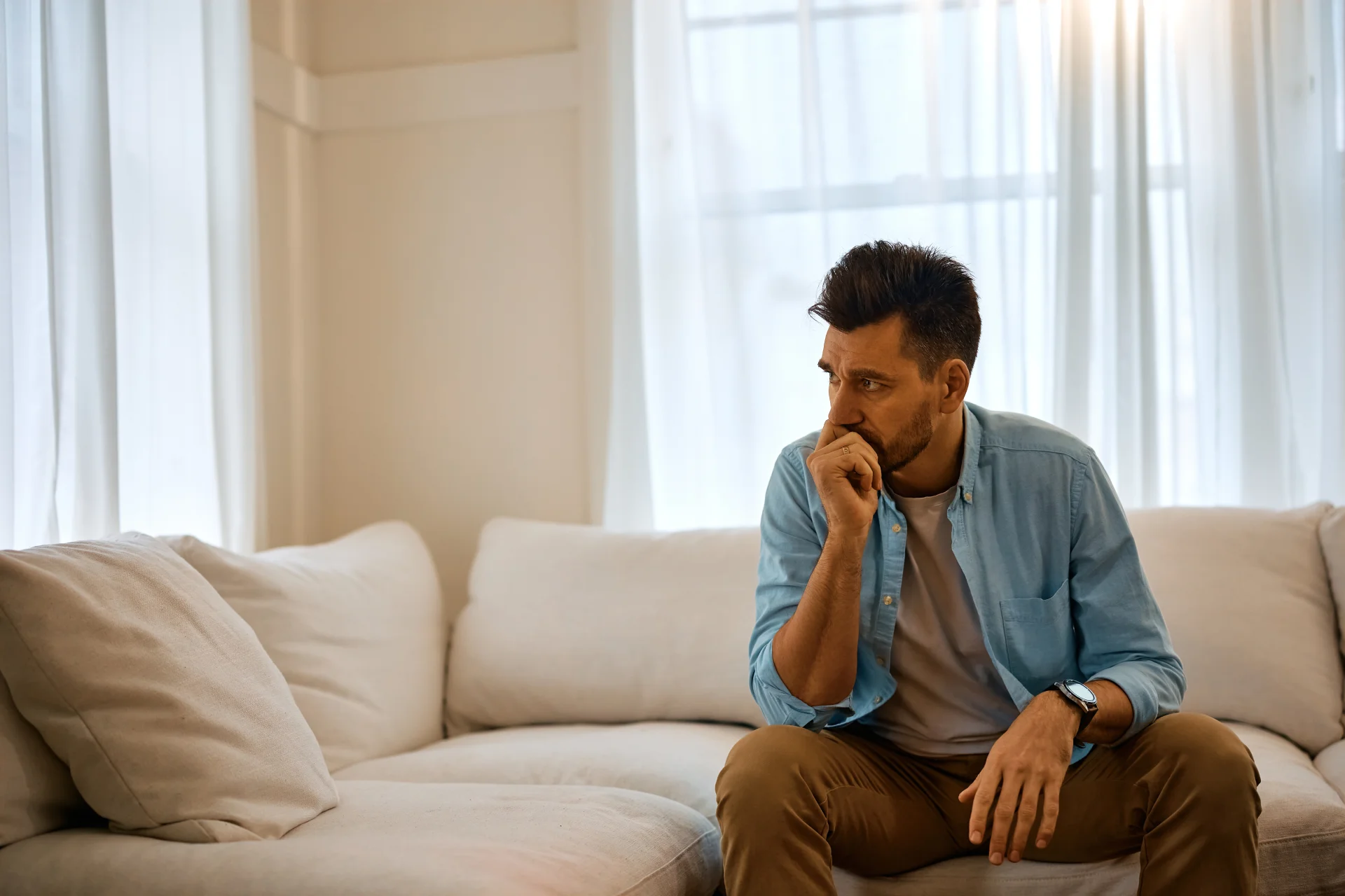 Man sitting in his living room looking worried