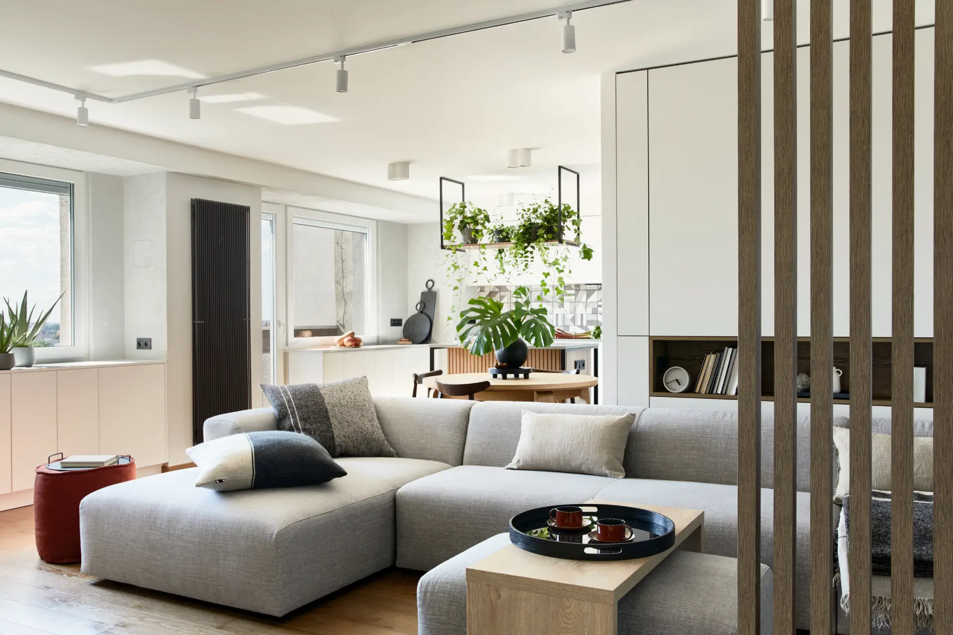 A calm sober living home interior, with a communal living room, symbolizing safety and community
